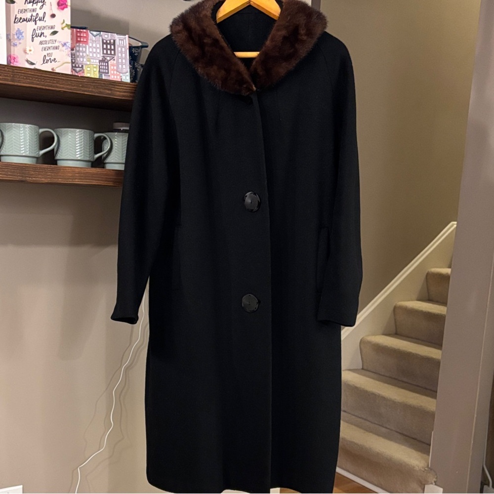 Vintage Donnybrook Original Black Wool Coat Mink Fur Collar Union Made Maxi Coat
